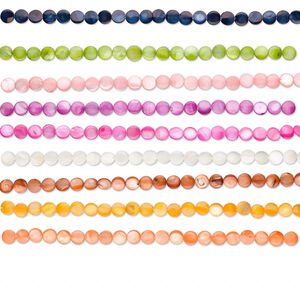 Bead, mother-of-pearl shell (bleached / dyed), assorted colors, 10mm flat round, Mohs hardness 3-1/2. Sold per pkg of (10) 15-1/2" to 16" strands.