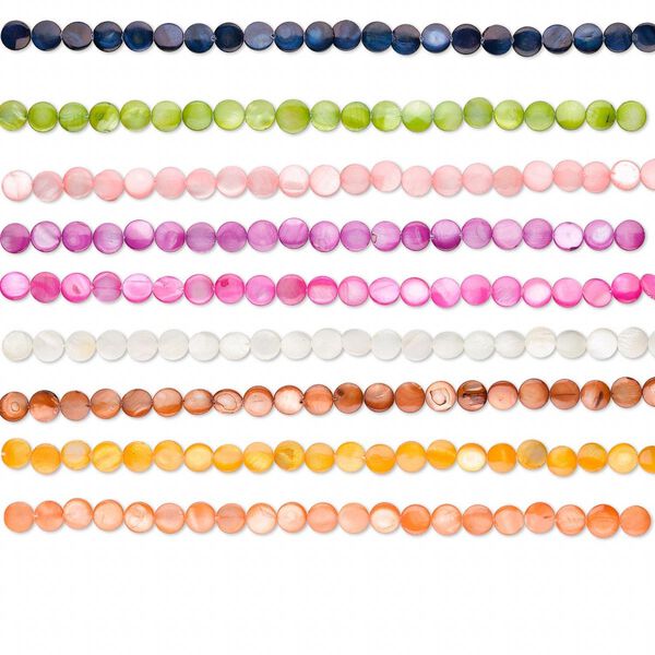 Bead, mother-of-pearl shell (bleached / dyed), assorted colors, 10mm flat round, Mohs hardness 3-1/2. Sold per pkg of (10) 15-1/2" to 16" strands. image number 0