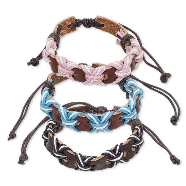 Bracelet mix, leather (dyed) and waxed cotton cord, mixed colors, 12mm wide, adjustable from 6-1/2 to 8 inches with knot closure. Sold per pkg of 3. image number 0