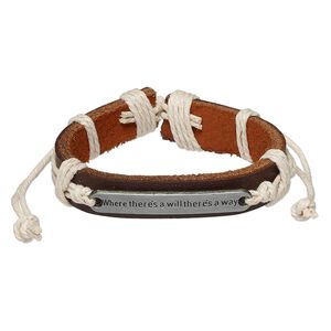 Bracelet, leather (dyed) / waxed cotton cord / antiqued "pewter" (zinc-based alloy), brown and tan, 12mm wide with 44x7mm rectangle with "Where there's a will, there's a way," adjustable from 5-1/2 to 8 inches with knot closure. Sold per pkg of 2.