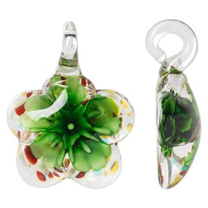 Pendant, lampworked glass, green and multicolored, 45x34mm single-sided domed flower with flower and copper-colored foil. Sold individually.