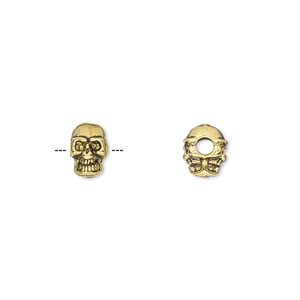 Bead, antique gold-finished "pewter" (zinc-based alloy), 8x5mm double-sided skull. Sold per pkg of 50.