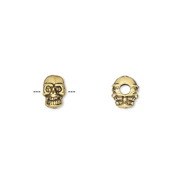 Bead, antique gold-finished "pewter" (zinc-based alloy), 8x5mm double-sided skull. Sold per pkg of 50. image number 0