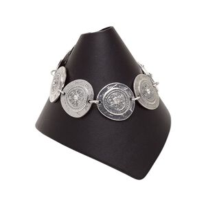 Bracelet, rhinestone with antique silver-plated steel and "pewter" (zinc-based alloy), clear, 26mm irregular flat round, 6-1/2 inches with 2-inch extender chain and lobster claw clasp. Sold individually.