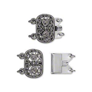 Clasp tab 1pkg2 gunmetal-plated, 14x9mm filigree oval, brass 2-strand