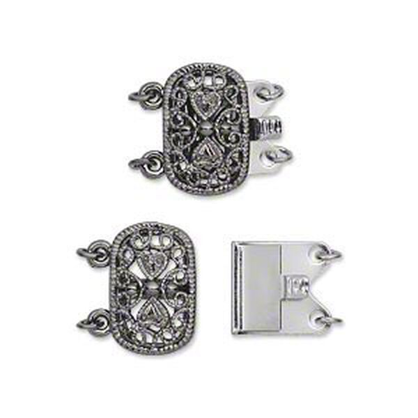 Clasp, 2-strand tab, gunmetal-plated brass, 14x9mm filigree oval. Sold per pkg of 2. image number 0
