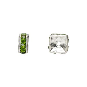 Bead, glass rhinestone and silver-plated brass, peridot green, 8x4mm squaredelle. Sold per pkg of 10.
