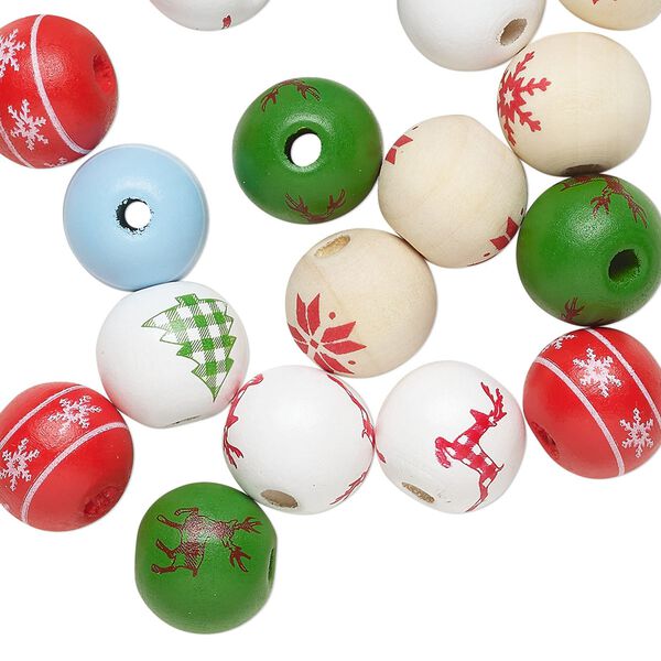 Bead mix, Korean boxwood, mixed colors, 14mm round with holiday designs. Sold per pkg of 20. image number 0