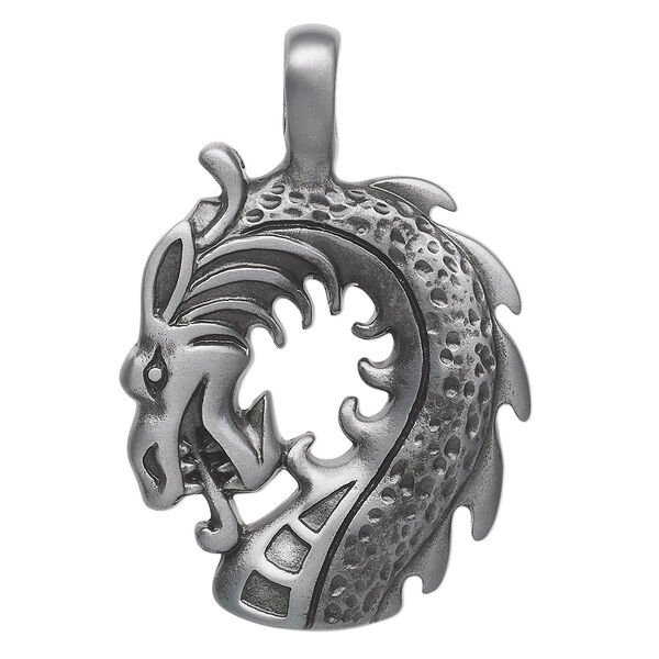 Pendant, Almost Jewelry™, "pewter" (zinc-based alloy), 51x34mm dragon head. Sold individually. image number 0