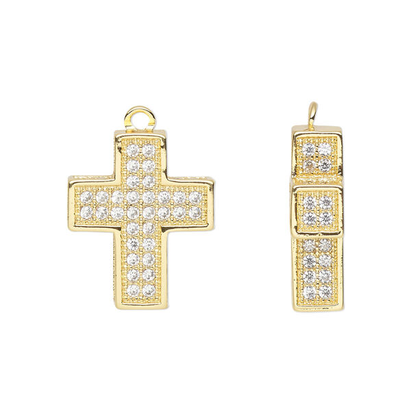 Drop, cubic zirconia and gold-finished brass, clear, 19x15.5mm single-sided cross. Sold individually. image number 0