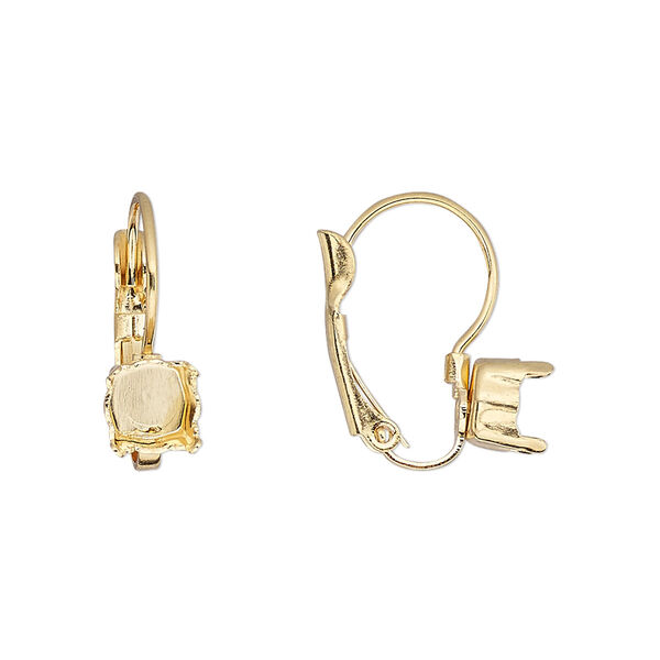 Ear wire, gold-plated brass, 18mm leverback with SS29 4-prong chaton setting. Sold per pair. image number 0