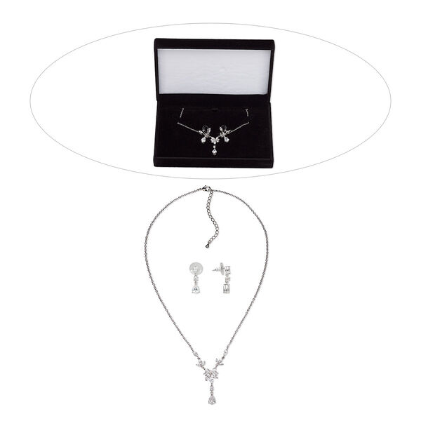 Necklace and earring set, cubic zirconia / stainless steel / rhodium-finished brass, clear, 33mm dangle, 15" to 16" necklace with 2-inch extender chain and lobster claw clasp, 25mm earrings with post. Sold per set. image number 0