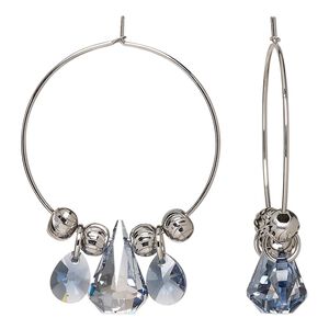Earring, Everyday Jewelry™, Crystal Passions® and silver-plated "pewter", denim blue, 42mm hoop with teardrops and rounds. Sold per pair.