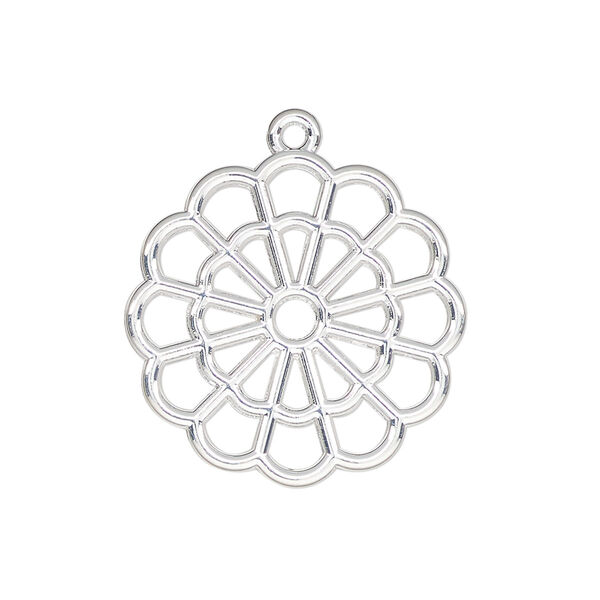 Component, resin frame, silver-finished "pewter" (zinc-based alloy), 25mm open round flower. Sold per pkg of 4. image number 0