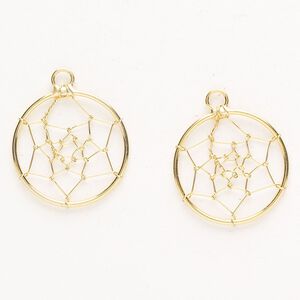 Drop, "pewter" (zinc-based alloy), pkg/2, gold finish, 21mm dreamcatcher.