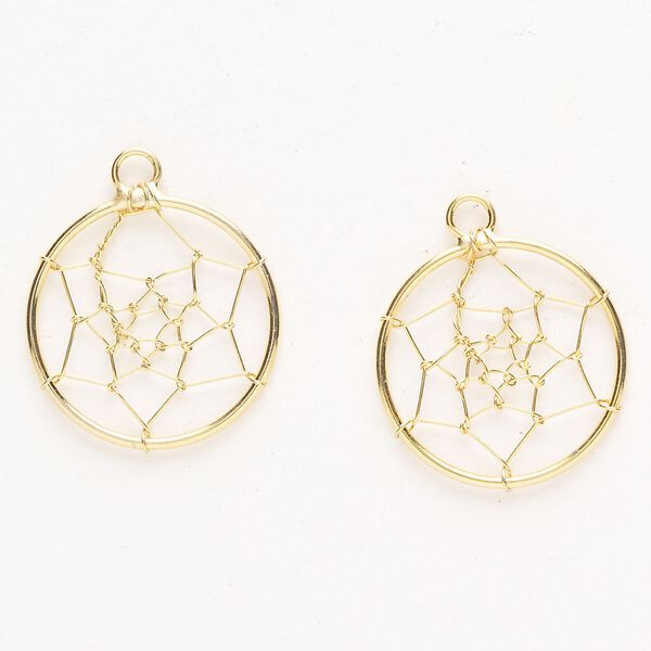 Drop, "pewter" (zinc-based alloy), pkg/2, gold finish, 21mm dreamcatcher. image number 0