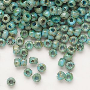 Seed bead, Miyuki, glass, pkg/250g, #6 rocaille, opaque Picasso turquoise blue, (RR-4514).