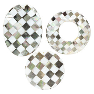Focal mix, black lip shell / mother-of-pearl shell / resin (assembled) 1pkg3, 47x40mm-70x54mm top-drilled and undrilled 1sided mixed shapes with checkerboard pattern.