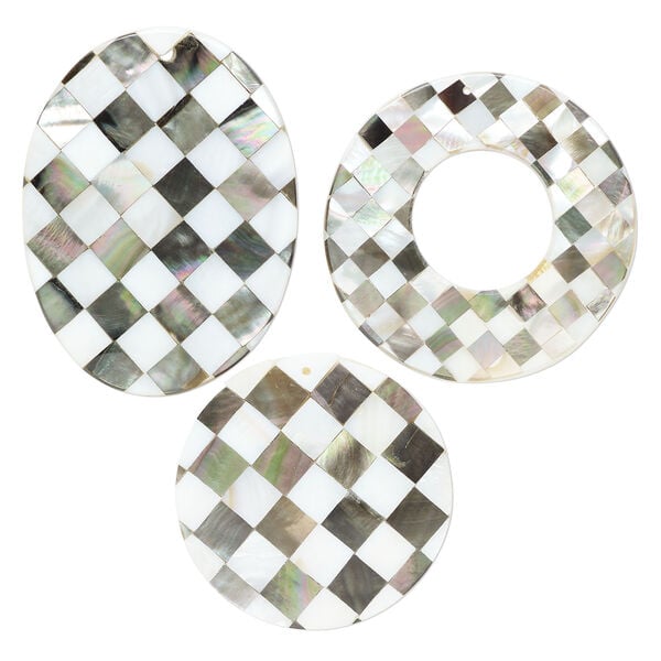 Focal mix, black lip shell / mother-of-pearl shell / resin (assembled) 1pkg3, 47x40mm-70x54mm top-drilled and undrilled 1sided mixed shapes with checkerboard pattern. image number 0
