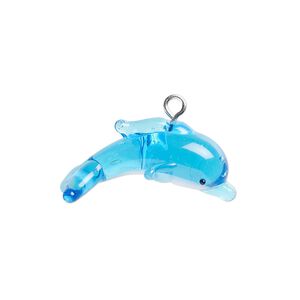 Drop, lampworked glass and silver-plated brass, blue / white / black, 24x13mm dolphin. Sold individually.