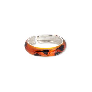 Ring, sterling silver and enamel, orange and black, 4.5mm wide with heart design, adjustable. Sold individually.