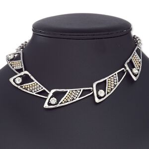 Necklace, glass rhinestone / antiqued silver-coated plastic / silver- / antiqued silver-finished steel / "pewter" (zinc-based alloy), copper- / gold- / silver-finished brass, clear, 50x41x20mm fancy triangle, 16 inches with 2-inch extender chain and lobster claw clasp. Sold individually.