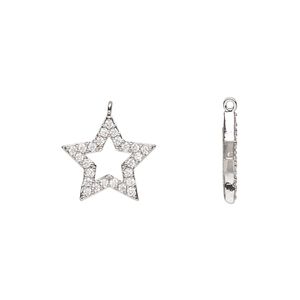 Charm, cubic zirconia and silver-finished brass, clear, 14x13.5mm single-sided open star. Sold individually.