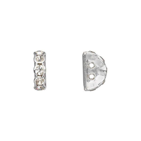Spacer, glass rhinestone and silver-plated brass, clear, 12x4mm 2-strand half-round bridge, fits up to 3.5mm bead. Sold per pkg of 10. image number 0