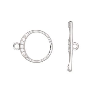 Clasp toggle 1pkg1 rhodium-plated sterling silver, 16mm round, cubic zirconia clear 1-strand