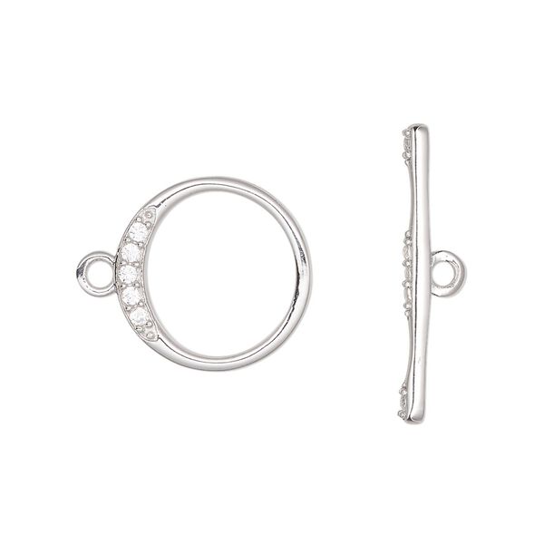 Clasp toggle 1pkg1 rhodium-plated sterling silver, 16mm round, cubic zirconia clear 1-strand image number 0