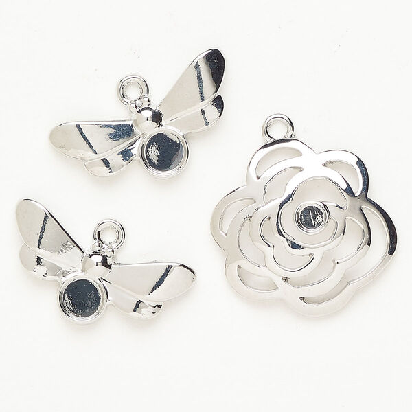 Charm assortment "pewter" (zinc-based alloy) 1pkg3 24x13mm bee / 23x22mm flower, antique silver finish image number 0