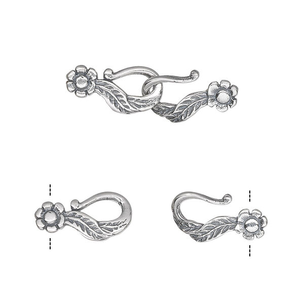 Clasp, JBB Findings, hook, antiqued sterling silver, 13x7mm double with flowers. Sold individually. image number 0