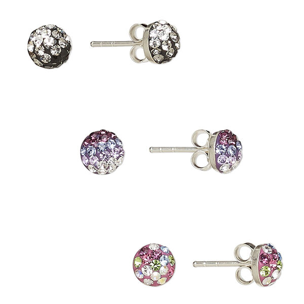 Earstud, Preciosa Czech glass rhinestone / epoxy / sterling silver, assorted colors, 6mm round with post. Sold per pkg of 3 pairs. image number 0