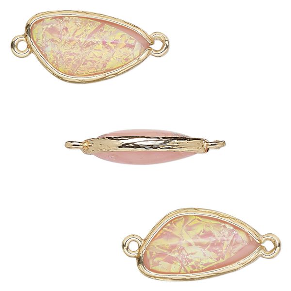Link, Opalized Ice™, "opal" (resin) and gold-finished brass, light pink, 19.5x11mm double-sided wing. Sold per pkg of 4. image number 0