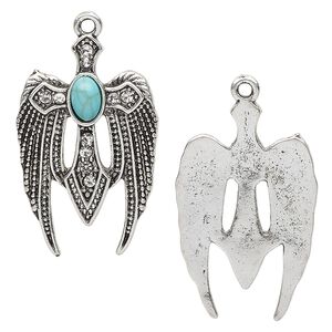 Drop, "turquoise" (resin) (imitation) and antique silver-finished "pewter" (zinc-based alloy), turquoise blue and clear, 29.5x19mm single-sided wings with cross. Sold individually.