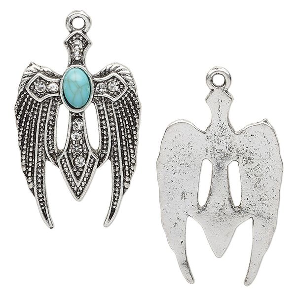 Drop, "turquoise" (resin) (imitation) and antique silver-finished "pewter" (zinc-based alloy), turquoise blue and clear, 29.5x19mm single-sided wings with cross. Sold individually. image number 0