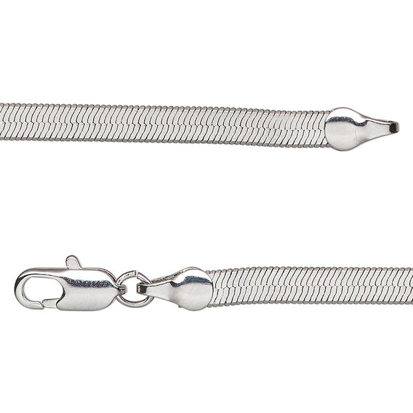 Chain, silver-plated brass, 4mm herringbone, 24 inches with lobster claw clasp. Sold individually. image number 0