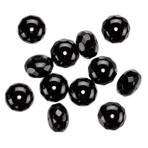 Bead, Czech fire-polished glass, jet black, 14x9mm faceted rondelle. Sold per pkg of 12.