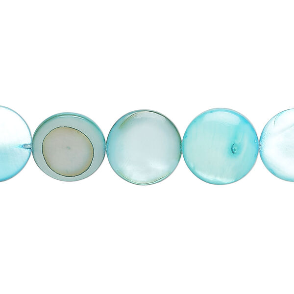 Mother-of-pearl shell 1pkg1, puffed flat round bead 15 inch light teal blue 11-12mm image number 0