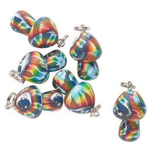 Drop, silver-finished steel / brass / glass / polymer clay, multicolored, 21x13mm-25x16mm mushroom with moon. Sold per pkg of 6.