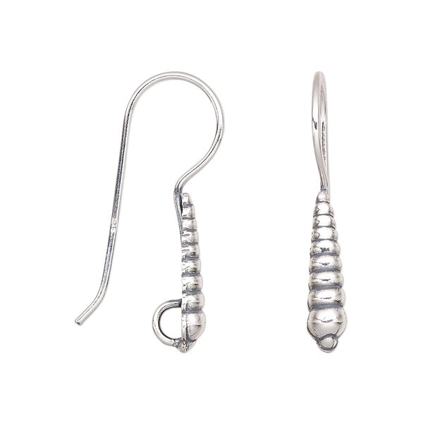 Ear wire, antiqued sterling silver, 29.5mm fishhook with centipede and hidden open loop, 19 gauge. Sold per pair. image number 0