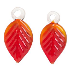 Drop, lampworked glass, transparent red, 24x16mm handmade single-sided leaf. Sold per pkg of 2.
