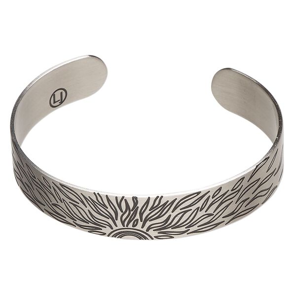 Bracelet cuff 1pkg1 silver-finished brass, black, 12mm wide with sunshine design on outside / "Today I will shine" on inside. image number 0