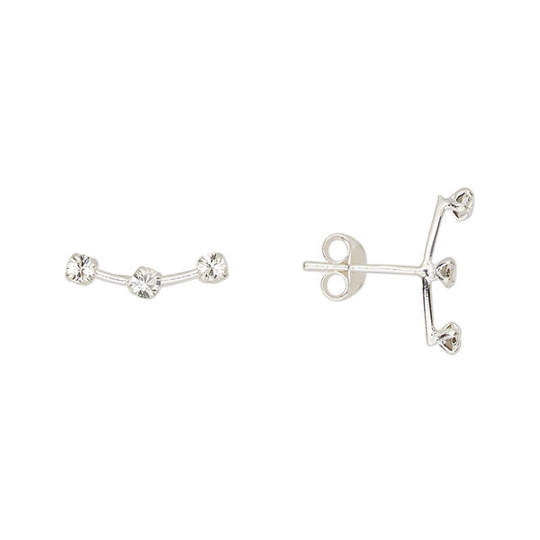 Earstud sterling silver / Preciosa crystal 1pkg2, 13x4mm right- and left-facing curved bar / earnuts included, Create Compliments® crystal clear 1 pair image number 0