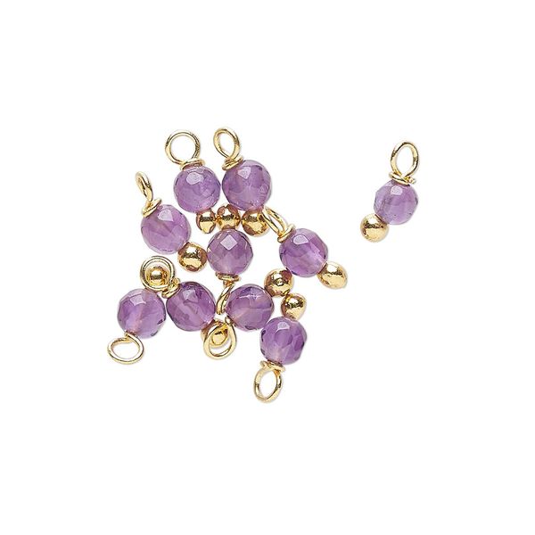 Drop, amethyst (natural) and gold-finished brass, 3x2mm with 2mm faceted round. Sold per pkg of 10. image number 0
