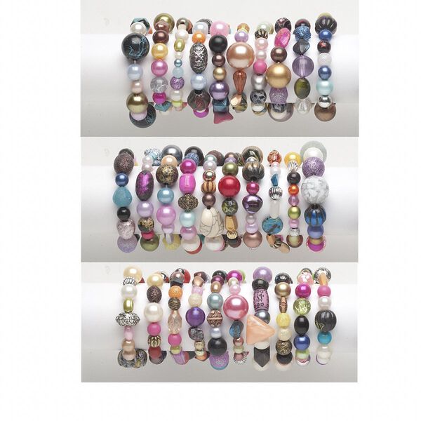 Bracelet mix, stretch, acrylic, mixed colors, 18-42mm wide with 5mm-32x27mm mixed shape, 6-1/2 inches. Sold per pkg of 10. image number 0