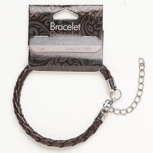 Bracelet cord 1pkg1, leather and silver-finished steel, dark brown, 5mm braided, 7 inches with extender chain and lobster claw clasp.
