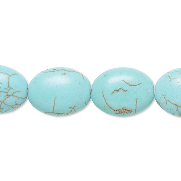 Bead, magnesite (dyed / stabilized), blue-green, 15x12mm-16x12mm puffed oval, B grade, Mohs hardness 3-1/2 to 4. Sold per 15-inch strand. image number 0