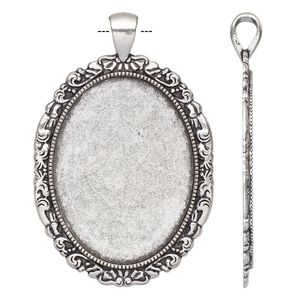 Pendant, antique silver-finished "pewter" (zinc-based alloy), 58x38mm single-sided oval with fancy design and 40x30mm non-calibrated oval setting. Sold individually.