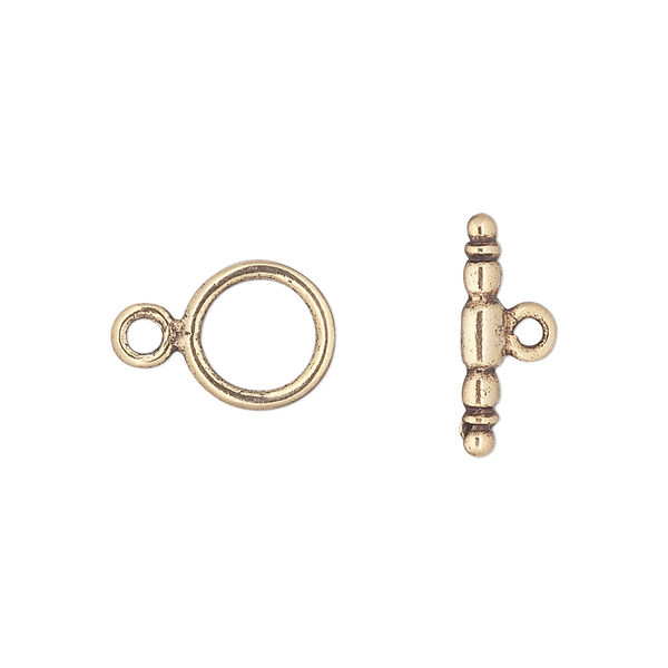Clasp, toggle, pewter (tin-based alloy), pkg/1, antique gold plate, 10mm plain round. image number 0